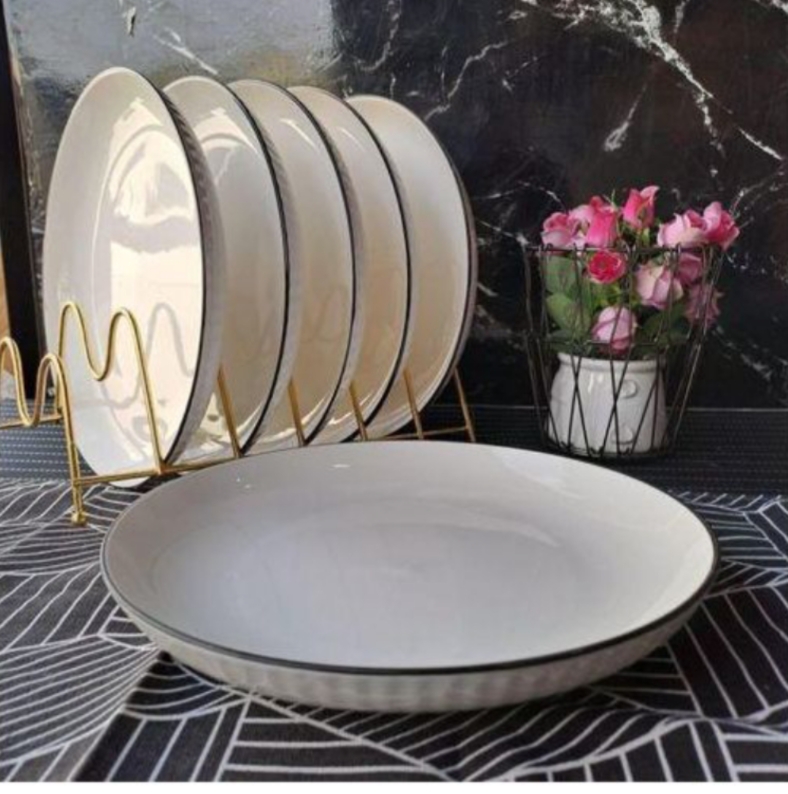 Large Glossy Cream Ceramic Plate with Dark Rim