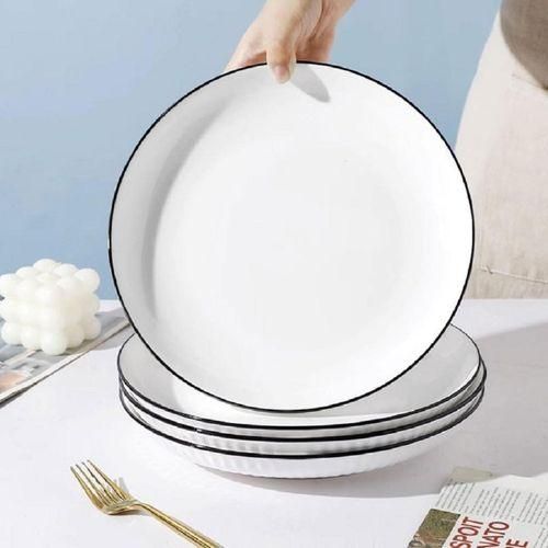 Large Glossy Cream Ceramic Plate with Dark Rim
